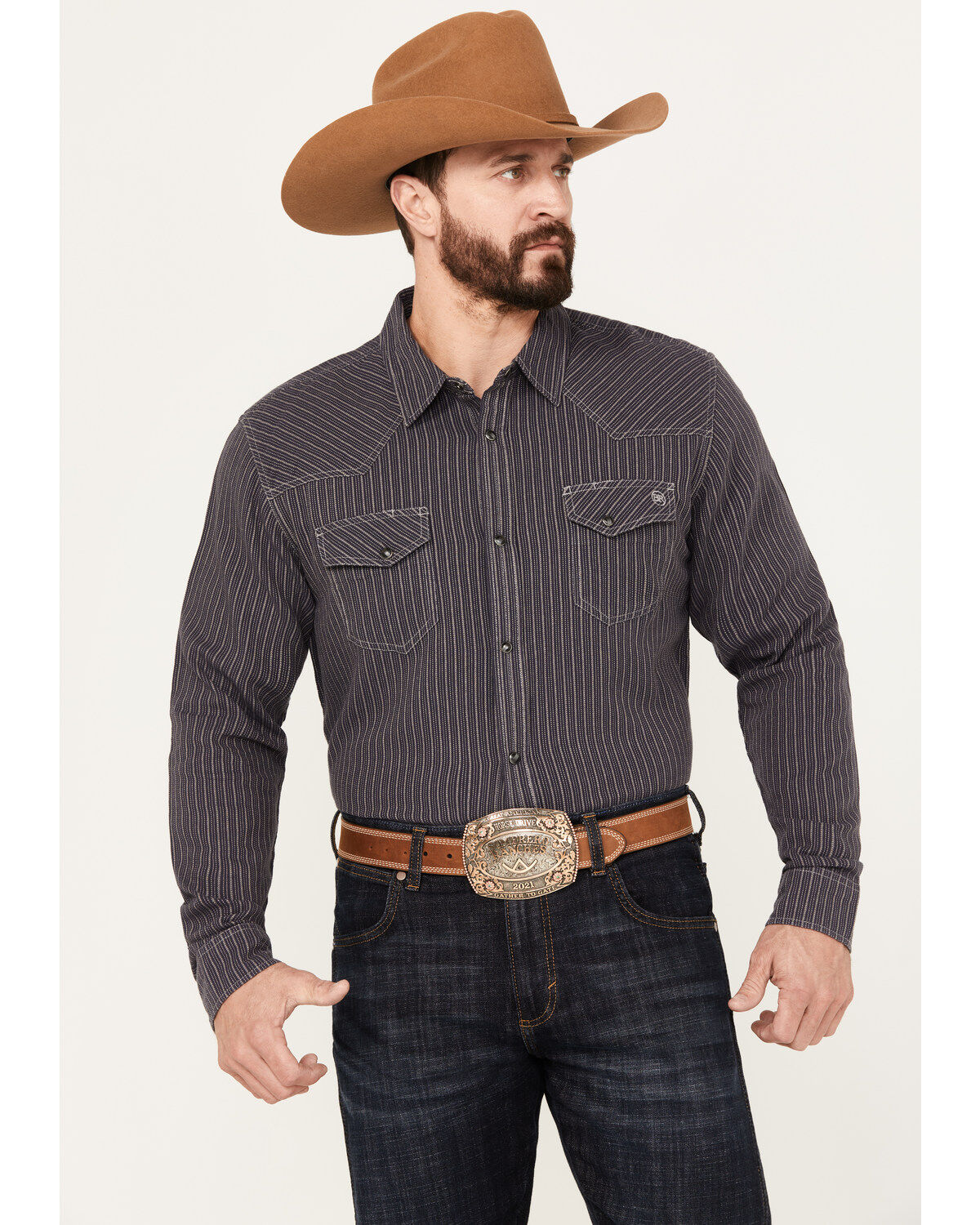Image #1 - Blue Ranchwear Men's Laramie Striped Long Sleeve Western Snap Shirt, Dark Blue, hi-res