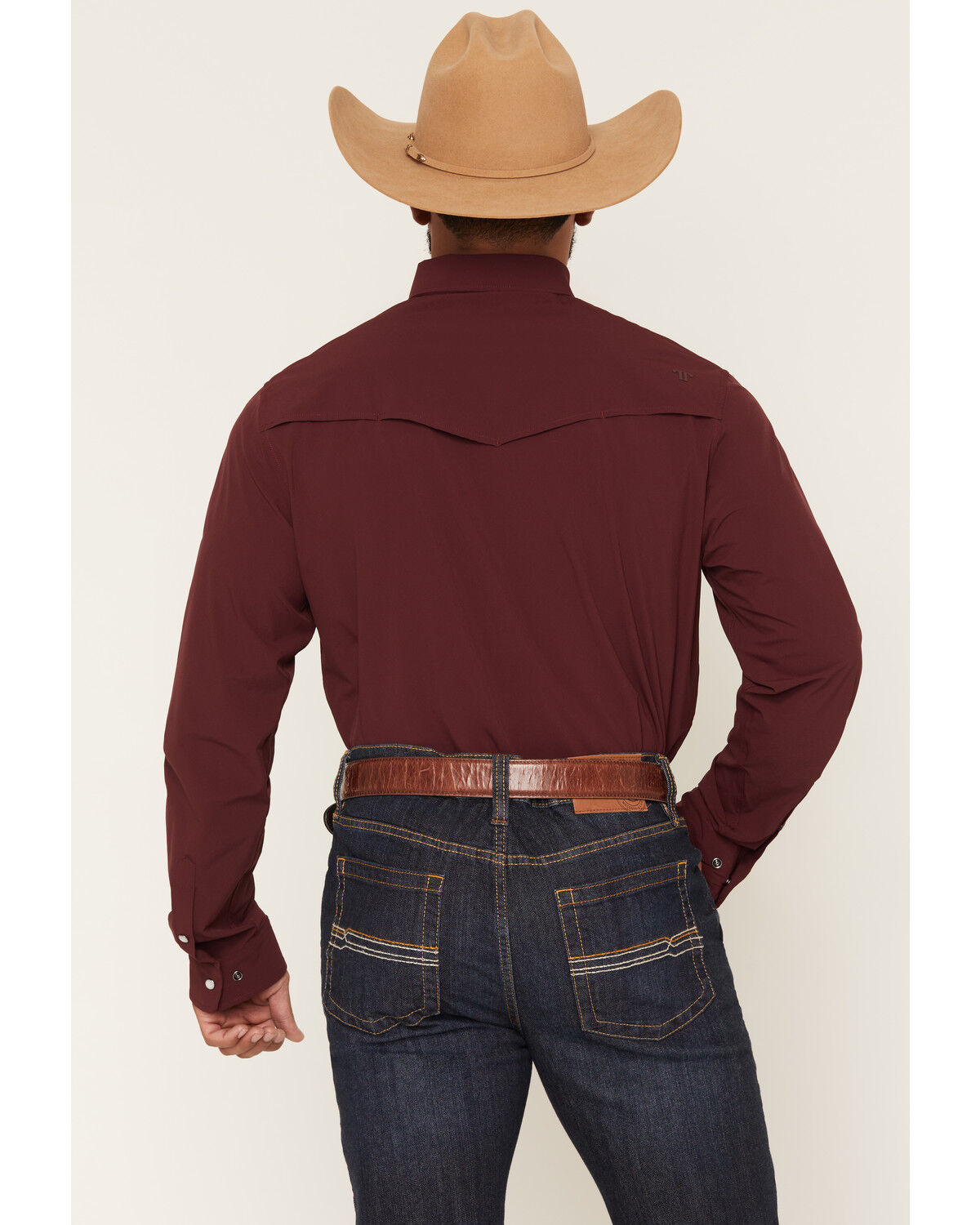 Image #4 - Ferrell Men's Tek Solid Short Sleeve Pearl Snap Stretch Performance Western Shirt, Maroon, hi-res