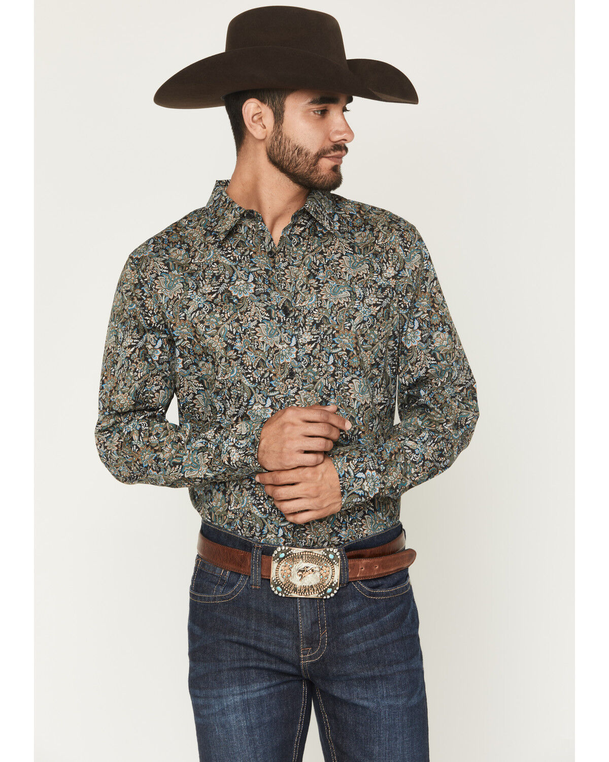 Gibson Trading Co Men's Last Call Paisley Print Long Sleeve Butt-Down Western Shirt - Tall, Black, hi-res