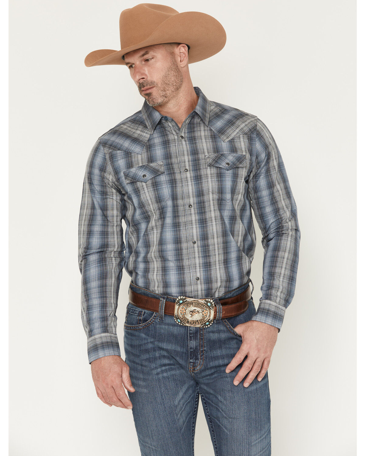 Cody James Men's Wild Creek Plaid Print Long Sleeve Snap Western Shirt, Blue, hi-res