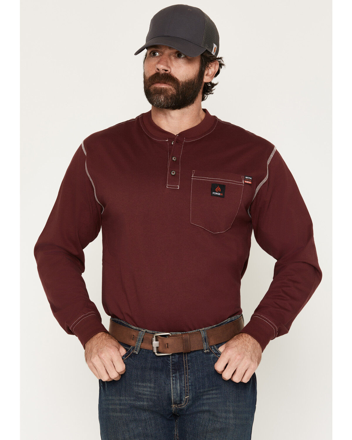 Forge Workwear Men's FR Lightweight Long Sleeve 1/4 Button-Down Henley Work Shirt, Burgundy, hi-res