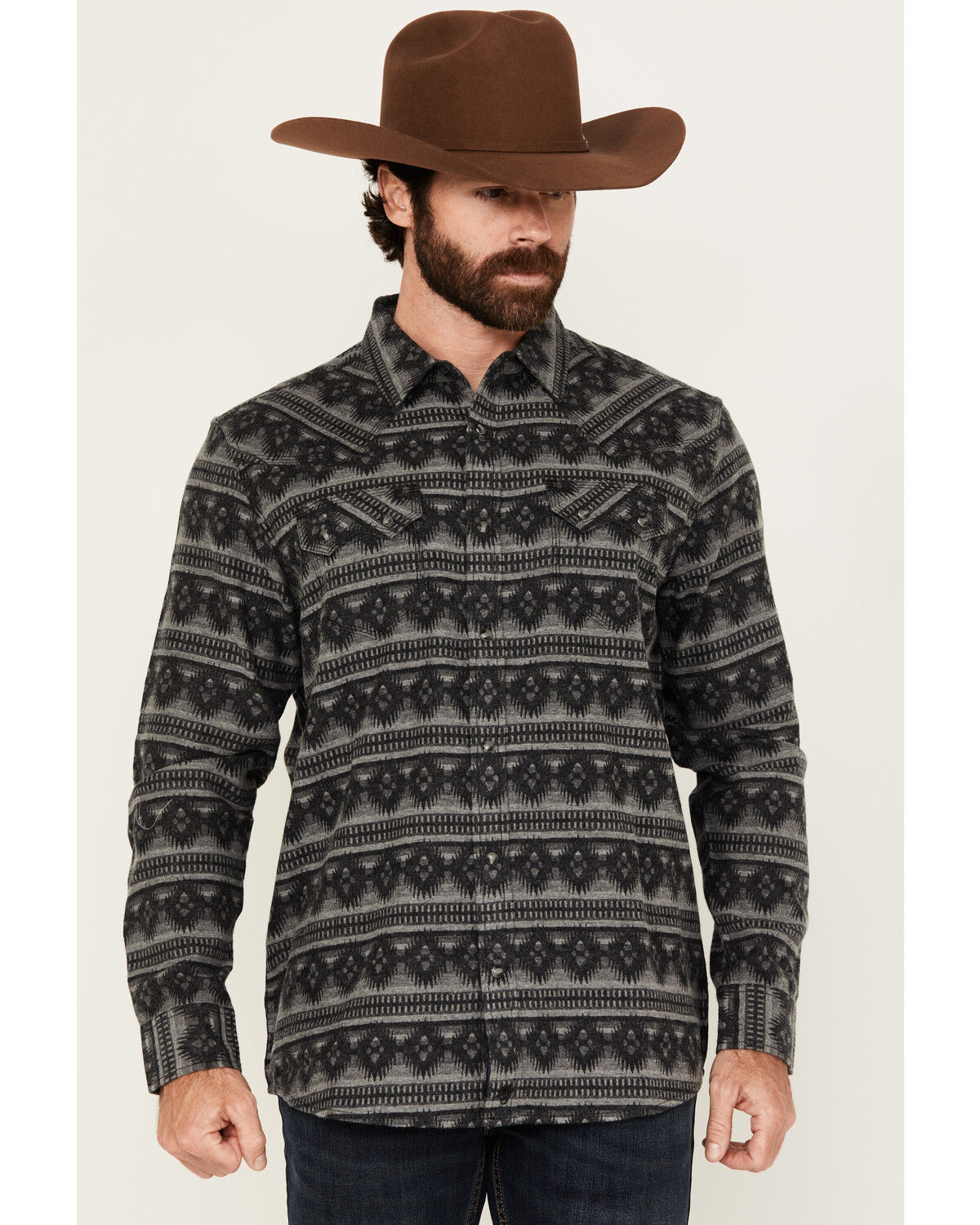 Image #1 - Moonshine Spirit&reg; Men's Smoke Signal Southwestern Striped Long Sleeve Snap Western Shirt, Grey, hi-res