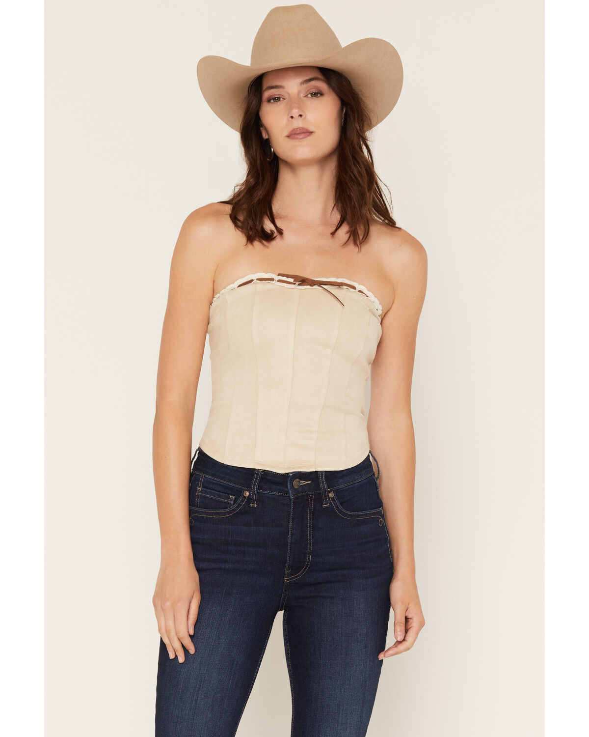 Cleo + Wolf Women's Faux Suede Ribbon Corset Cropped Top, Ivory, hi-res