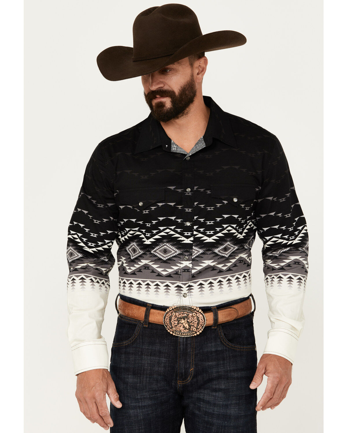 Rock & Roll Denim Men's Southwestern Print Long Sleeve Snap Stretch Western Shirt, Black, hi-res