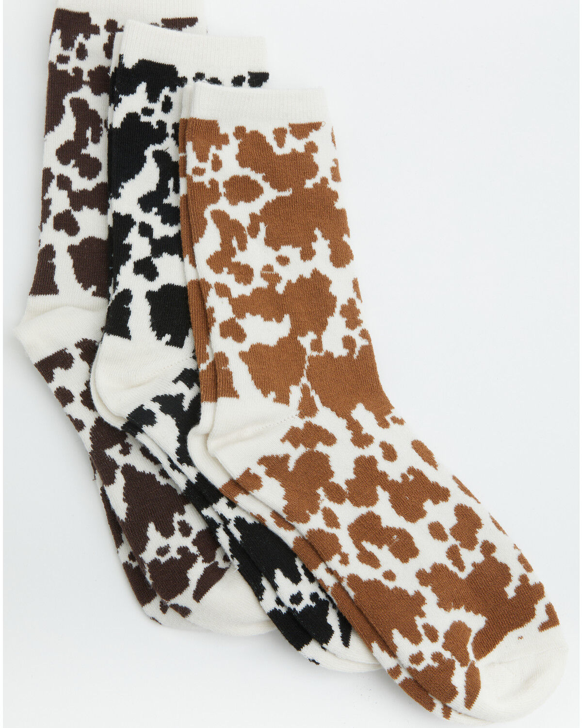 Boot Barn Women's Scout Cow Print Crew Socks - 3 Pack, Brown, hi-res