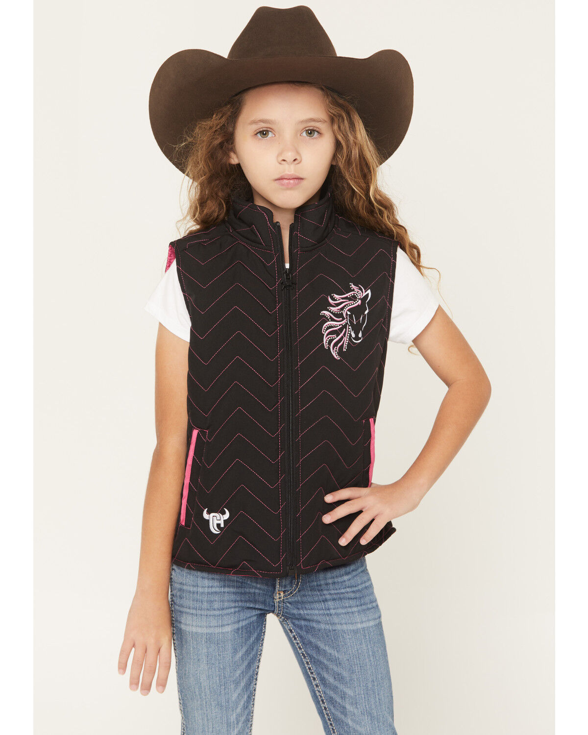 Image #2 - Cowgirl Hardware Girls' Blaze Horse Quilted Vest, Black, hi-res