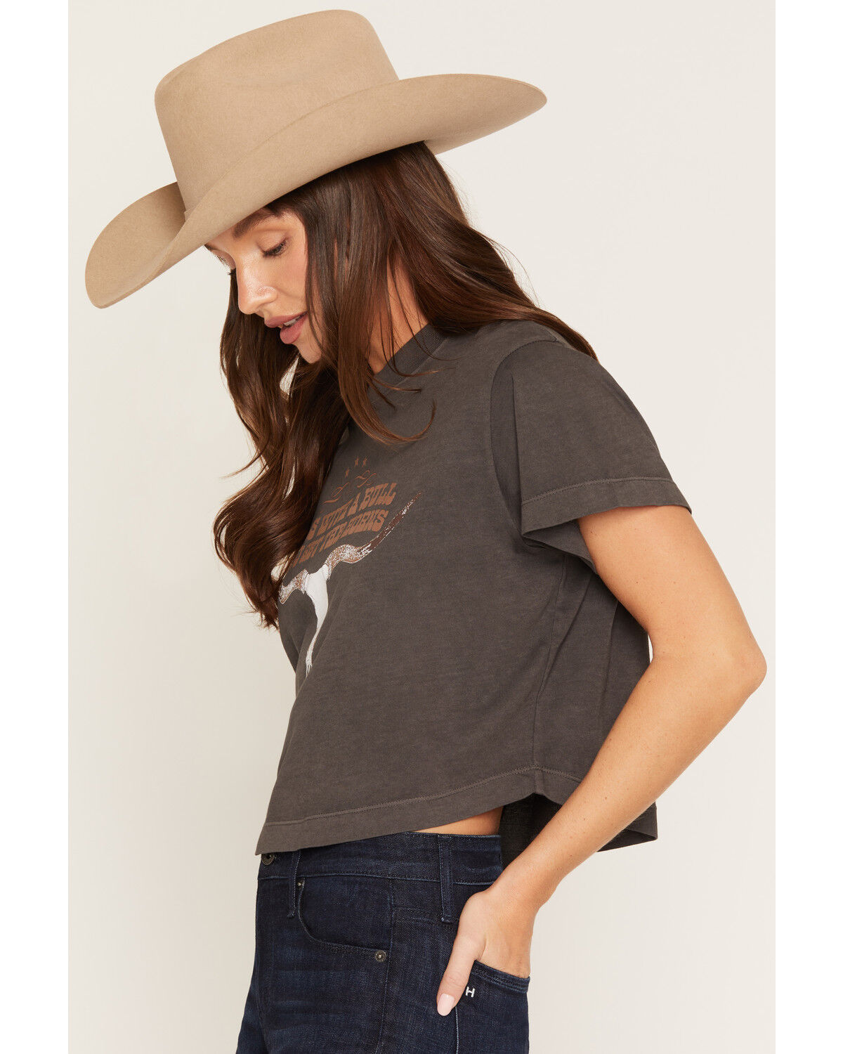 Image #2 - Girl Dangerous Women's Steer Horns Short Sleeve Cropped Graphic Tee, Black, hi-res