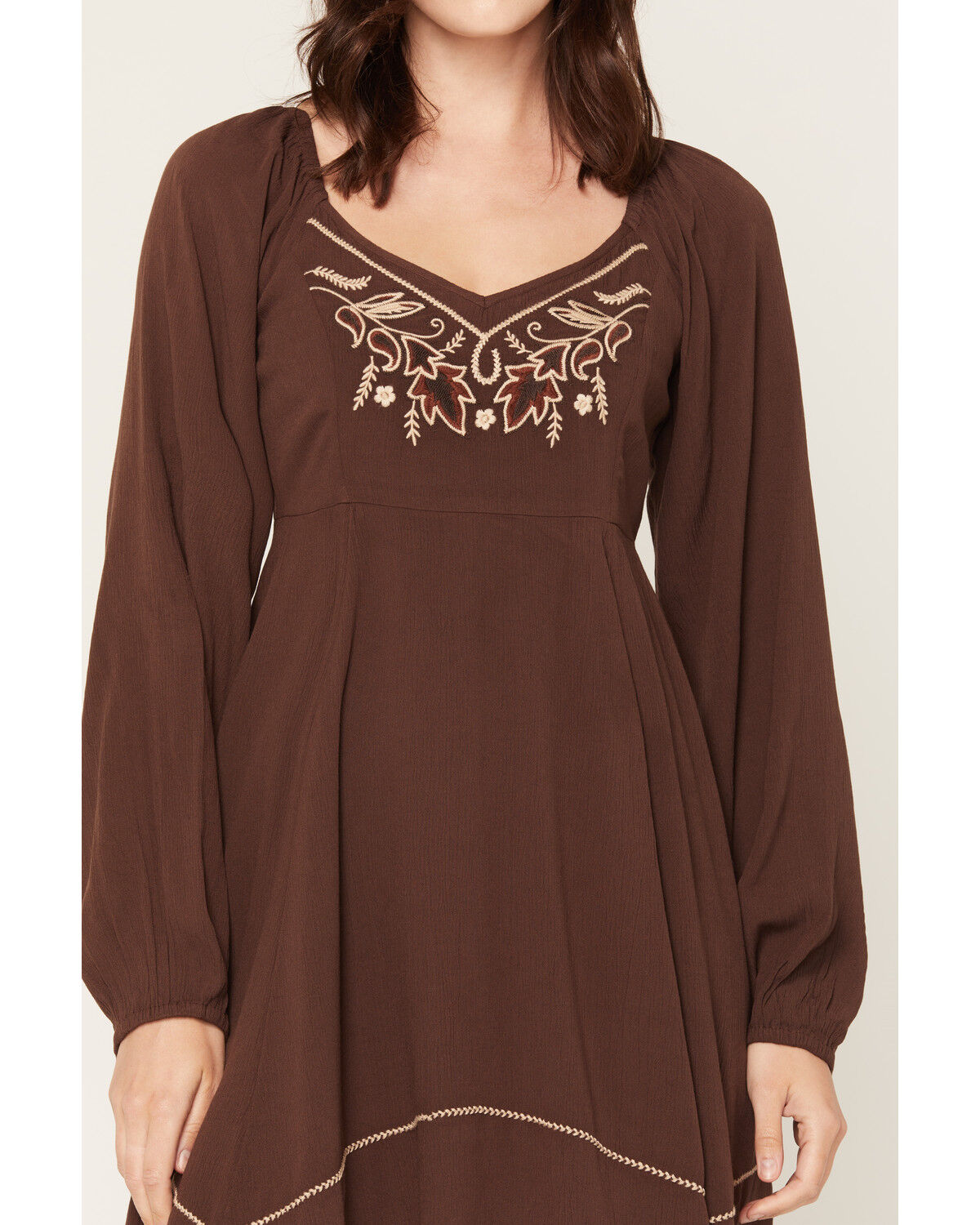 Image #3 - Shyanne Women's Piper Hanky Hem Embroidered Long Sleeve Mini Dress, Dark Brown, hi-res