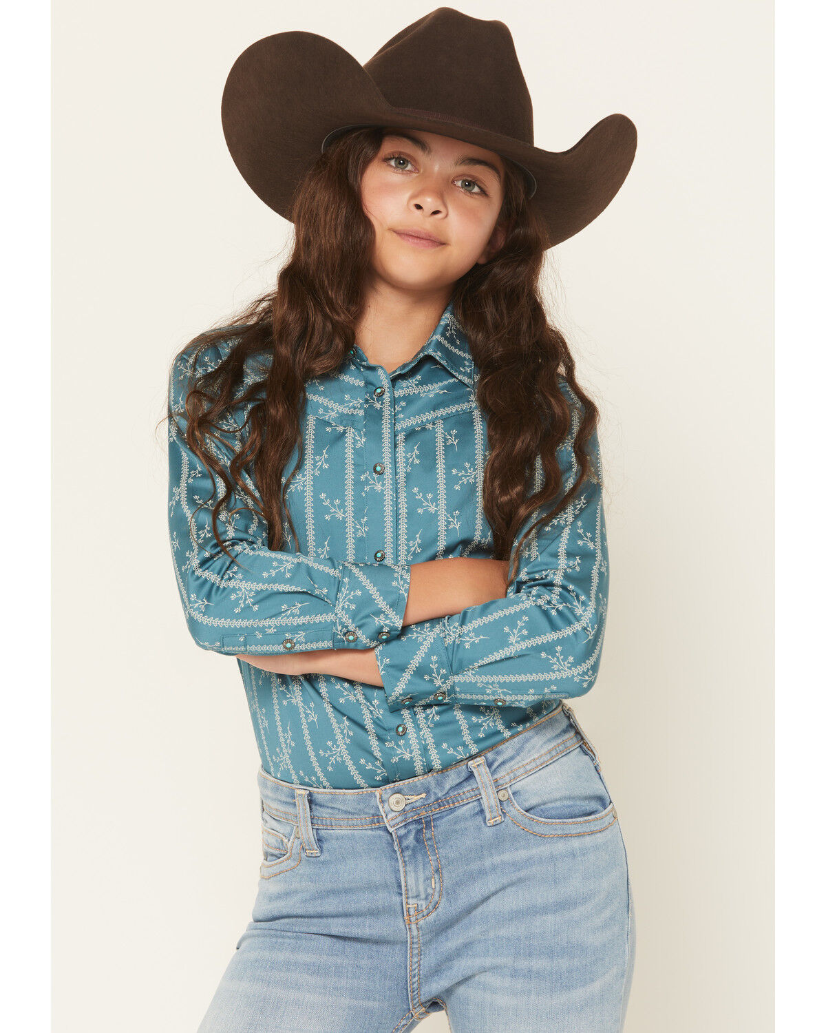 Shyanne Girls' Wallpaper Print Long Sleeve Snap Stretch Western Shirt, Turquoise, hi-res