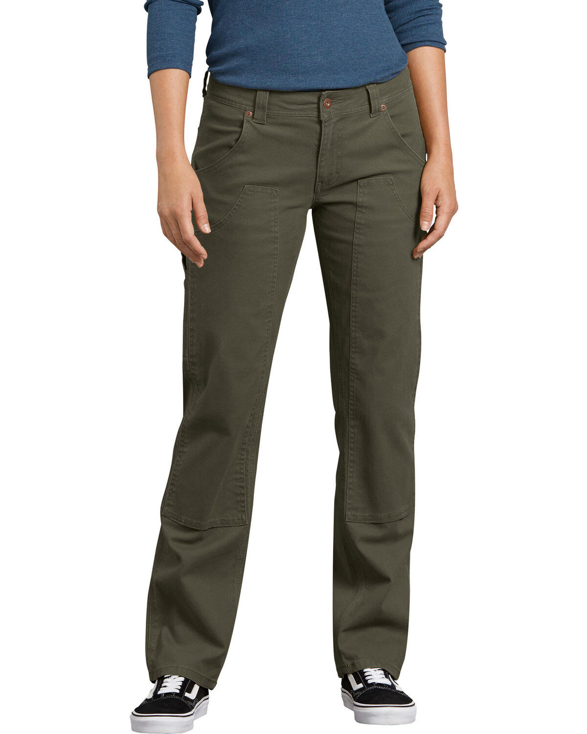 Image #1 - Dickies Women's Solid Stretch Double Front Duck Carpenter Pants, Moss Green, hi-res