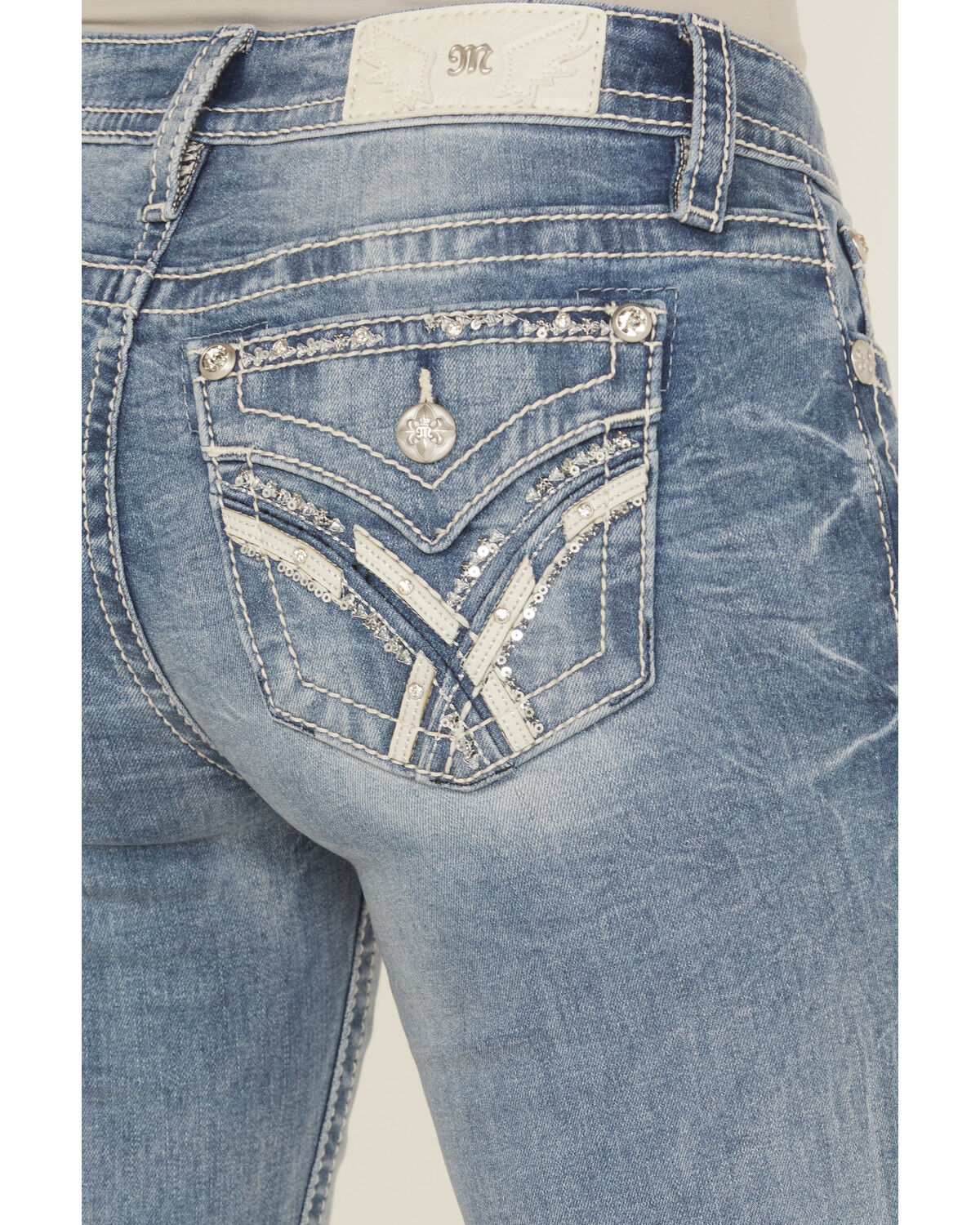 Image #2 - Miss Me Women's Medium Wash Mid Rise 34" Bootcut Stretch Denim Jeans, Medium Wash, hi-res