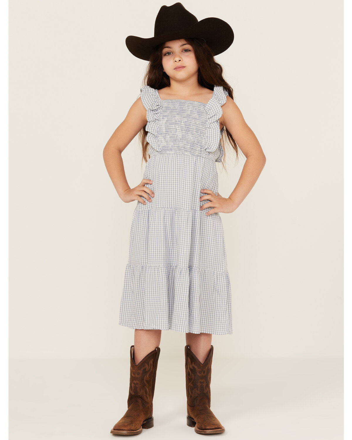 Hayden LA Girls' Gingham Print Puff Sleeve Midi Dress, Blue, hi-res
