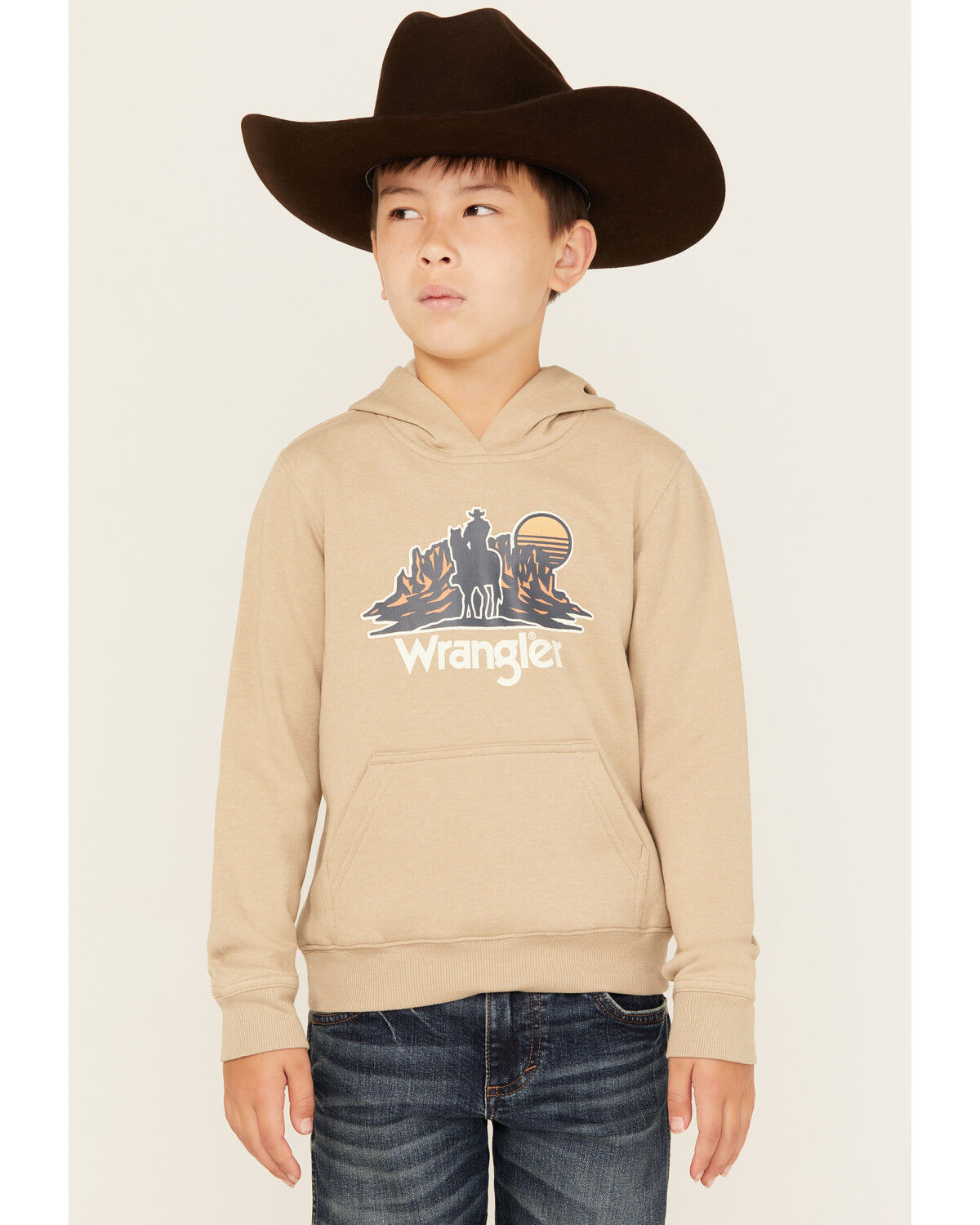 Image #1 - Wrangler Boys' Desert Cowboy Graphic Hooded Sweatshirt, Oatmeal, hi-res