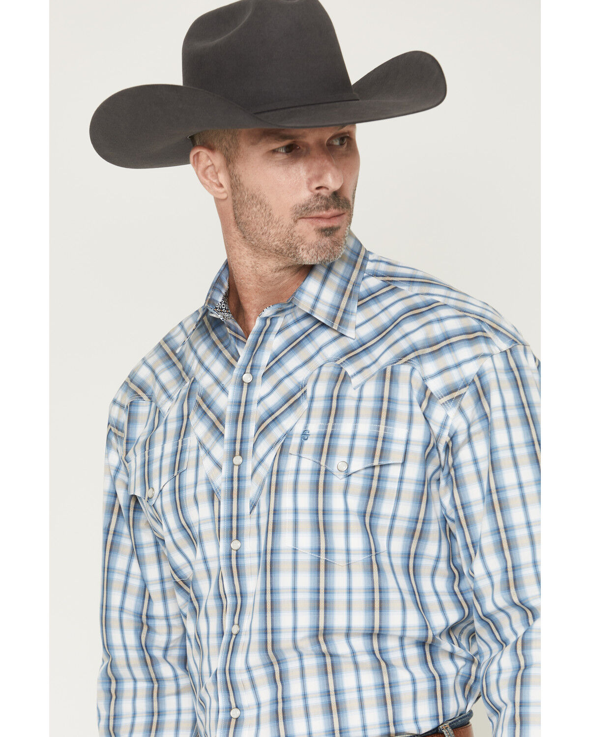 Image #2 - Stetson Men's Dobby Plaid Print Long Sleeve Snap Western Shirt, Blue, hi-res