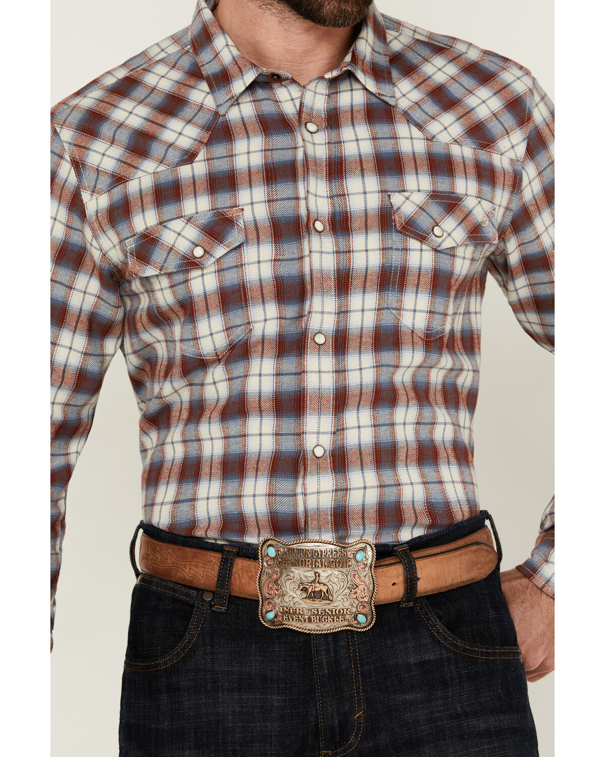 Image #3 - Blue Ranchwear Men's Forest Plaid Print Long Sleeve Snap Western Shirt, Red, hi-res