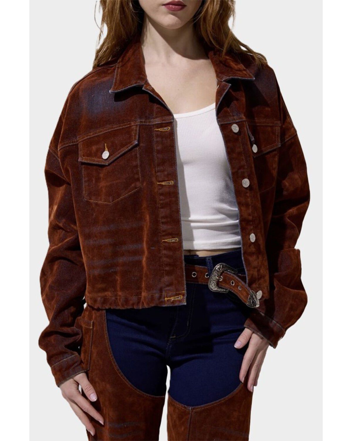Image #1 - Azalea Wang Women's Velvet Button-Down Denim Jacket, Orange, hi-res