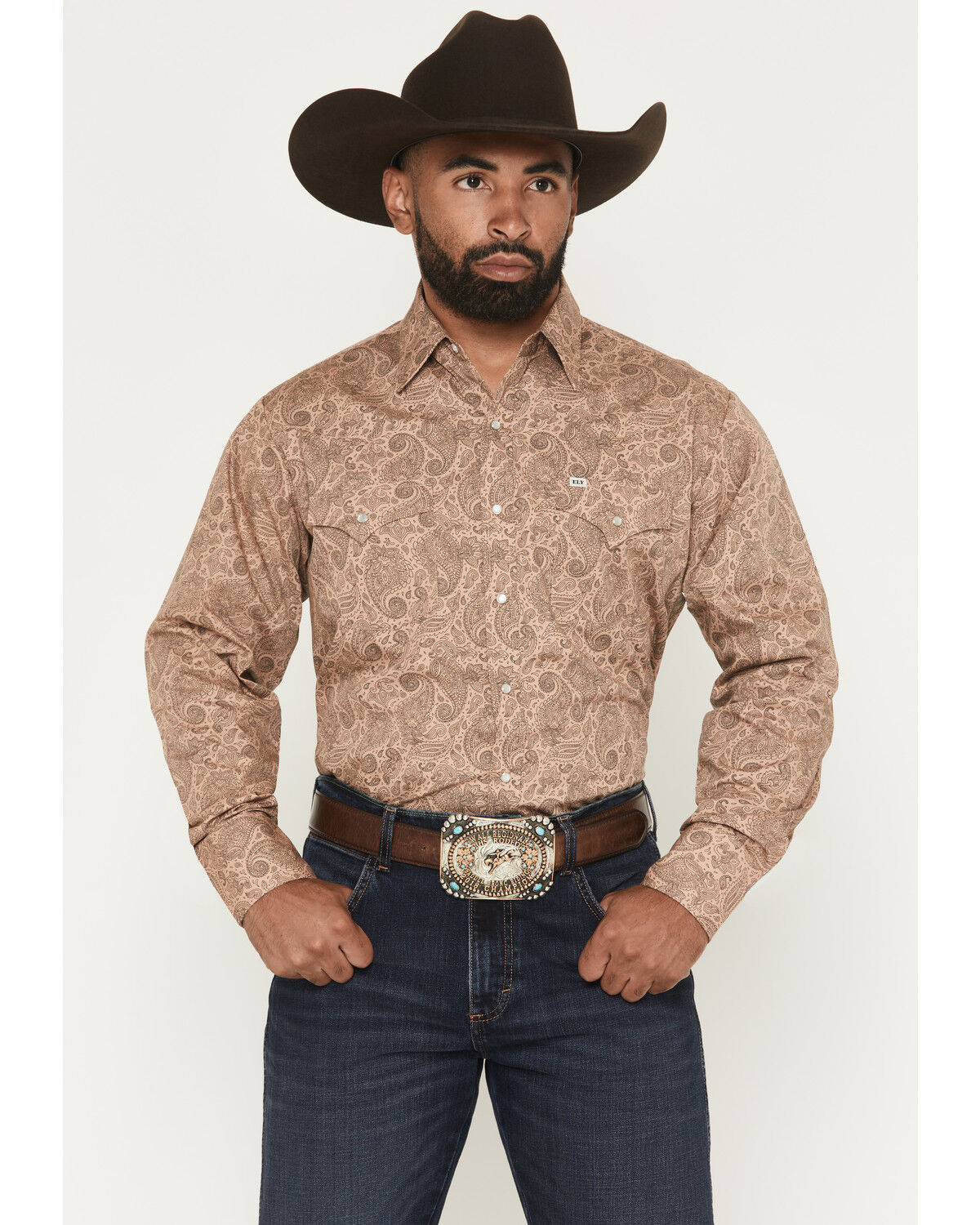 Image #1 - Ely Walker Men's Paisley Print Long Sleeve Pearl Snap Western Shirt - Tall, Khaki, hi-res