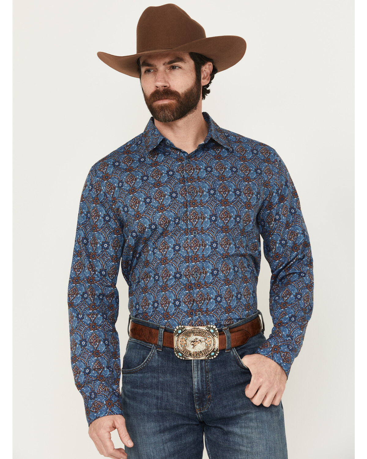 Gibson Trading Co Men's City Limits Medallion Print Long Sleeve Button-Down Stretch Western Shirt, Blue, hi-res