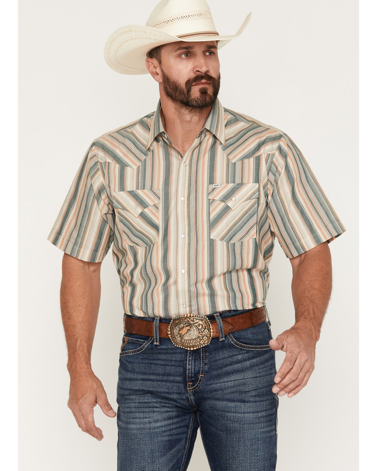Ely Walker Men's Striped Short Sleeve Pearl Snap Western Shirt, Cream, hi-res