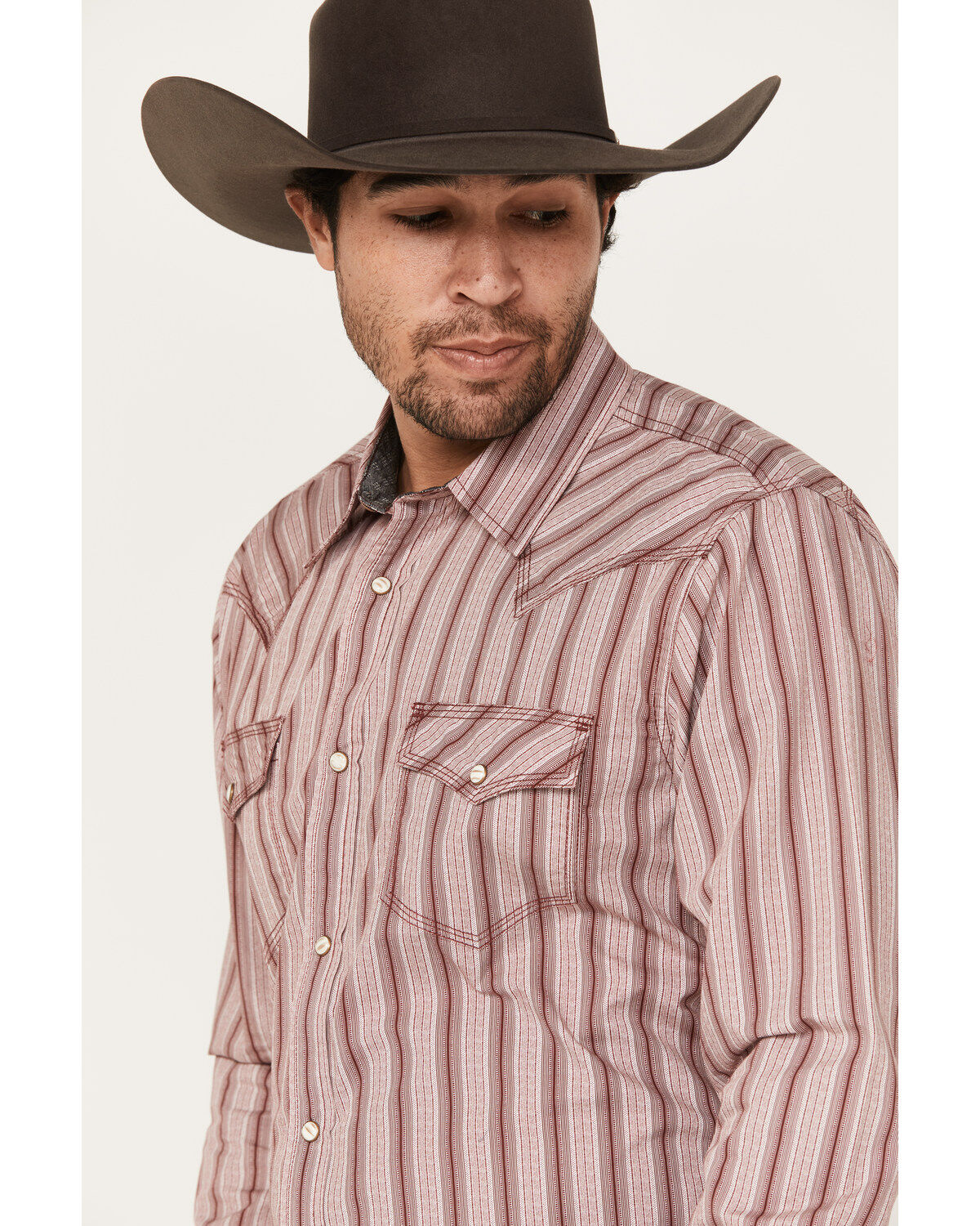 Image #2 - Moonshine Spirit&reg; Men's Red Canyon Striped Long Sleeve Pearl Snap Western Shirt, Burgundy, hi-res