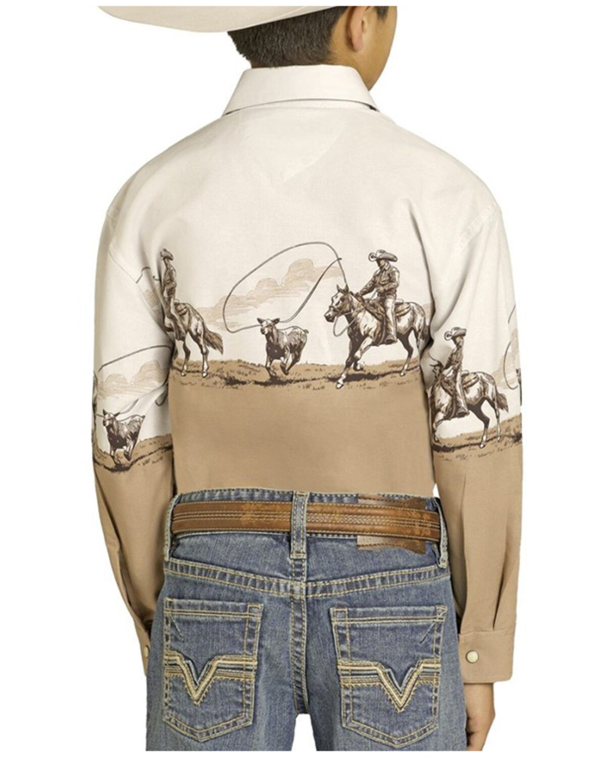 Image #2 - Panhandle Slim Boys' Cowboy Border Long Sleeve Snap Western Shirt, Tan, hi-res