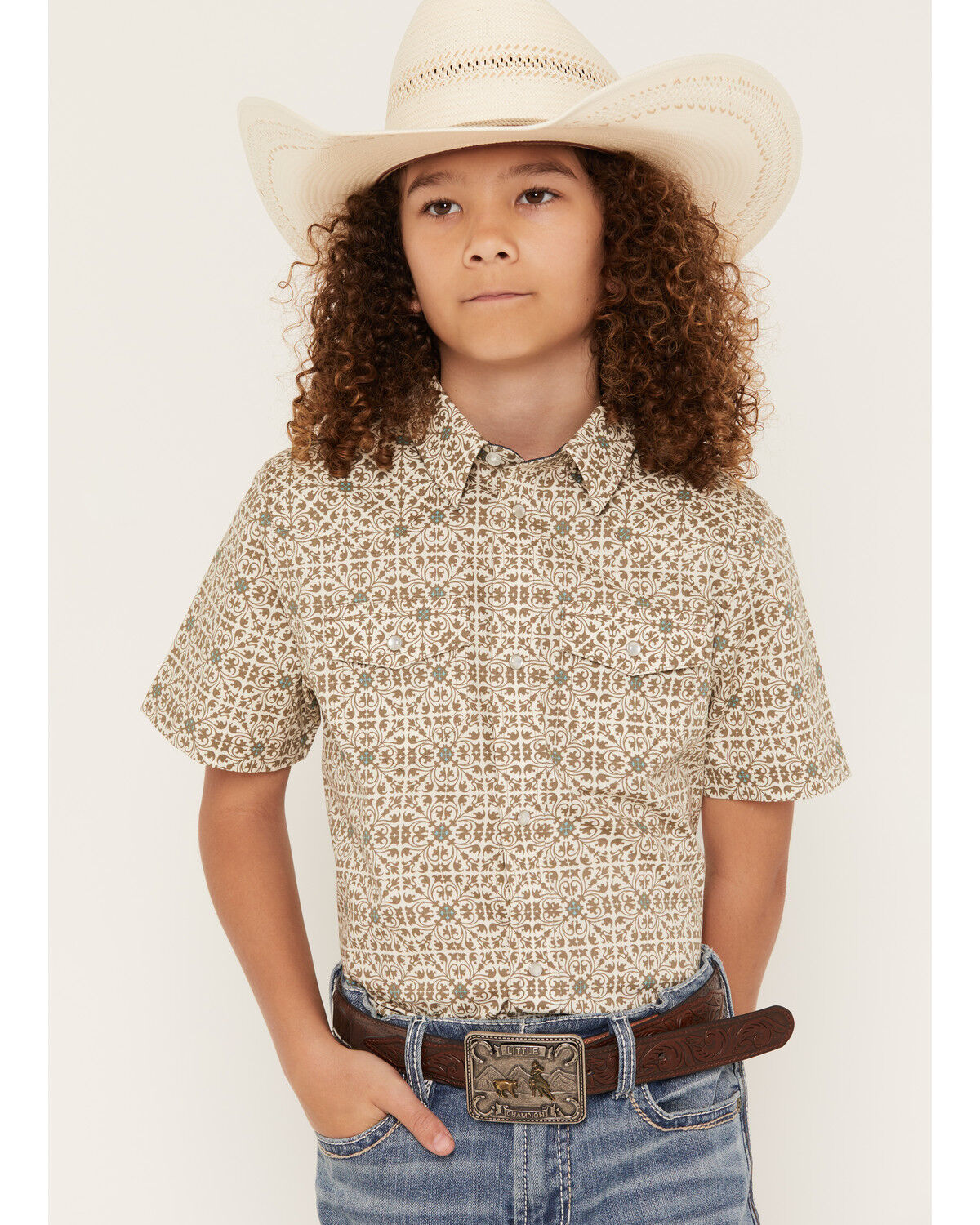 Image #1 - Cody James Boys' Mind Trap Geo Print Short Sleeve Pearl Snap Stretch Western Shirt, Gold, hi-res