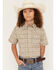 Image #1 - Cody James Boys' Mind Trap Geo Print Short Sleeve Pearl Snap Stretch Western Shirt, Gold, hi-res