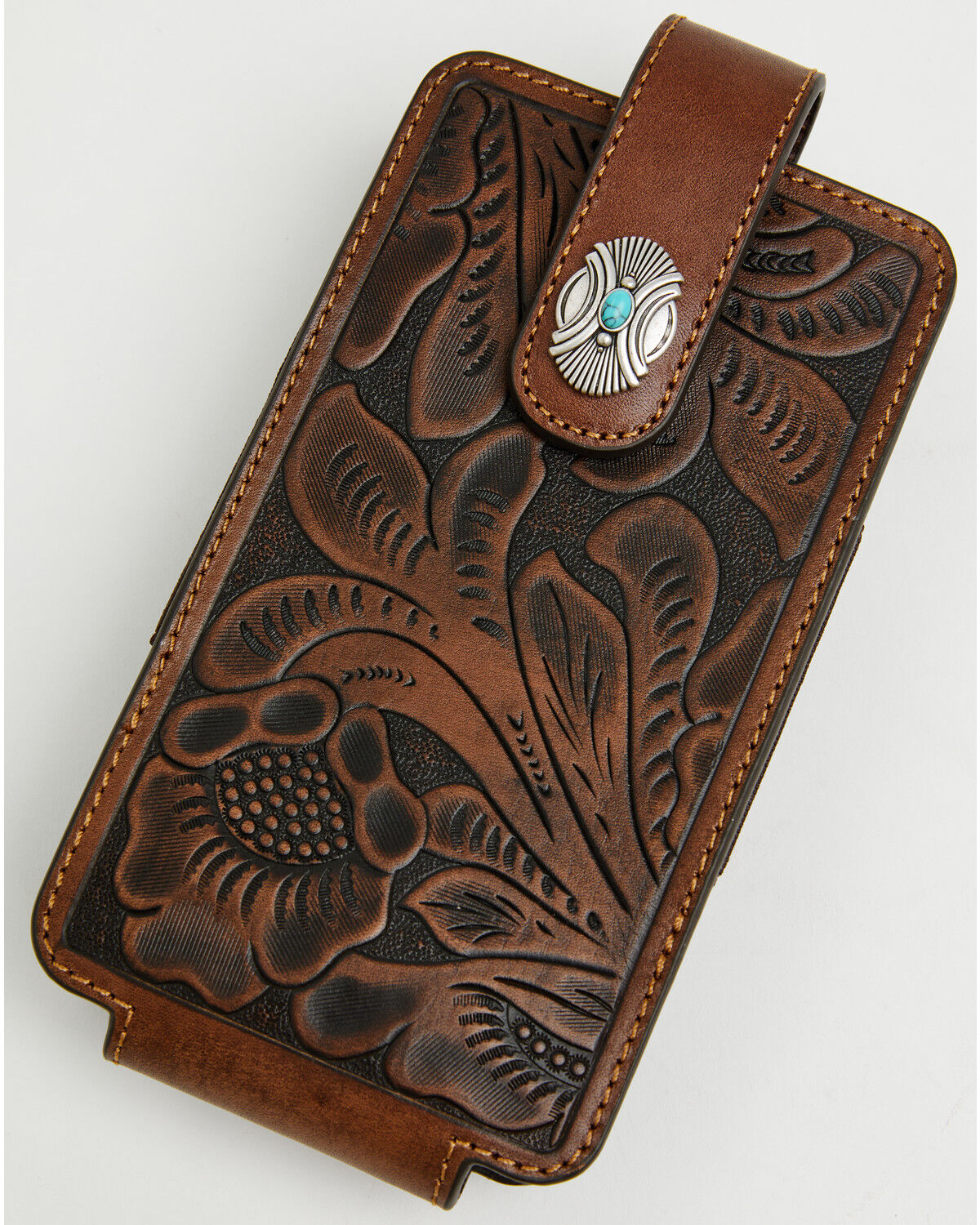 Image #1 - Cody James Men's Prescott Tooled Leather Concho Cell Phone Case, Brown, hi-res