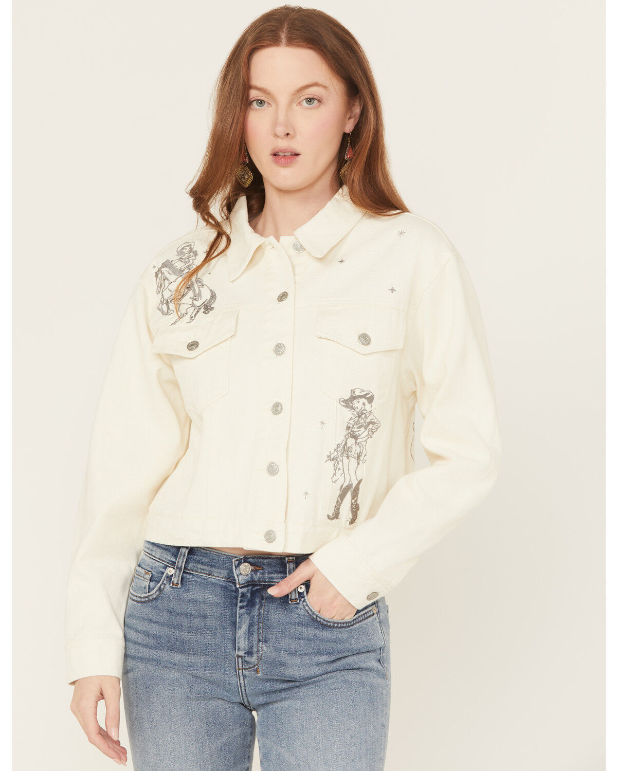 Image #1 - Blue B Women's Cowgirl Embroidered Denim Trucker Jacket, , hi-res