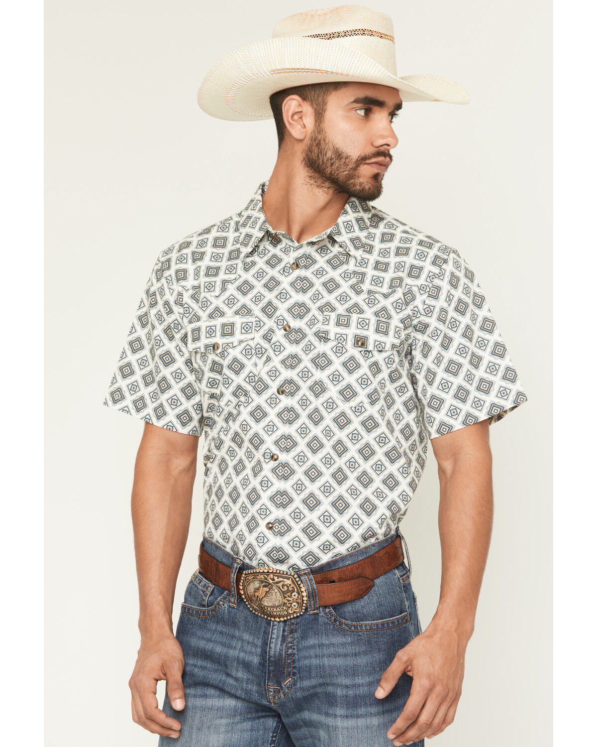 Gibson Trading Co Men's Time Warp Medallion Print Short Sleeve Snap Western Shirt, Ivory, hi-res