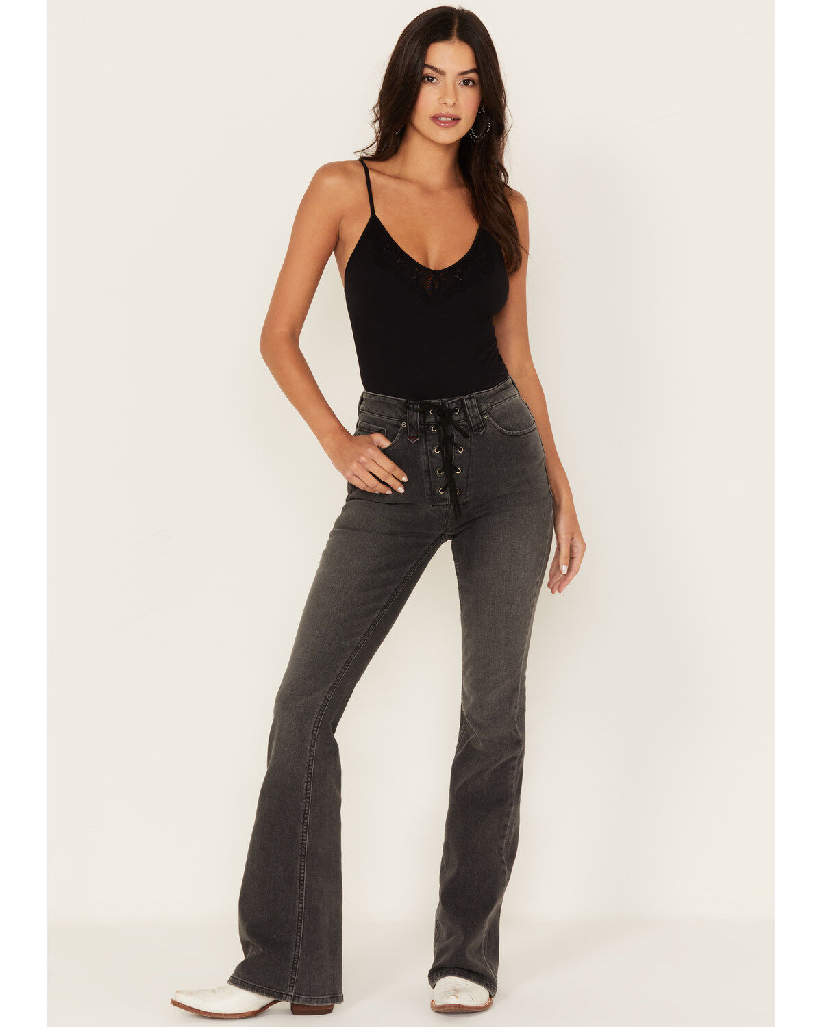 Image #1 - Idyllwind Women's Twelve South Wash Down High Risin Lace-Up Bootcut Jeans, Grey, hi-res