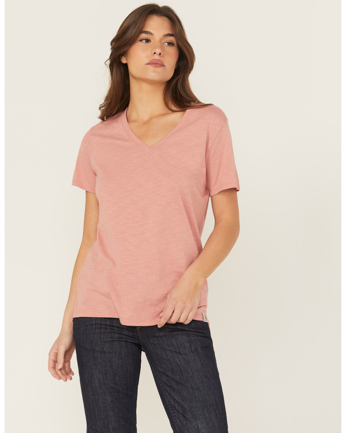 Image #1 - Carhartt Women's TENCEL&trade; Fiber Series Relaxed Fit Short Sleeve V-Neck Shirt, Rose, hi-res