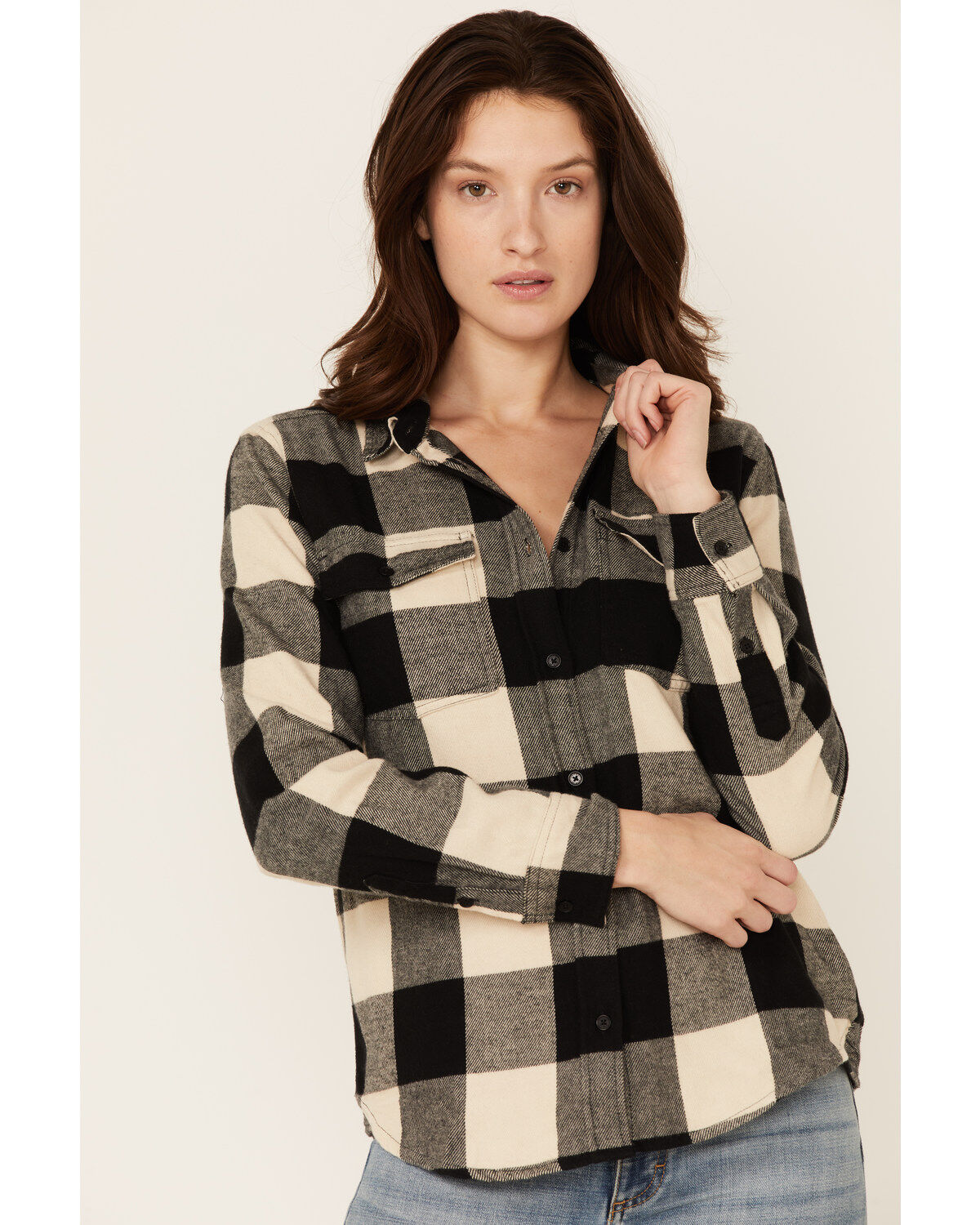 Image #1 - United By Blue Women's Plaid Print Responsible Button Down Western Flannel Shirt, Black/white, hi-res