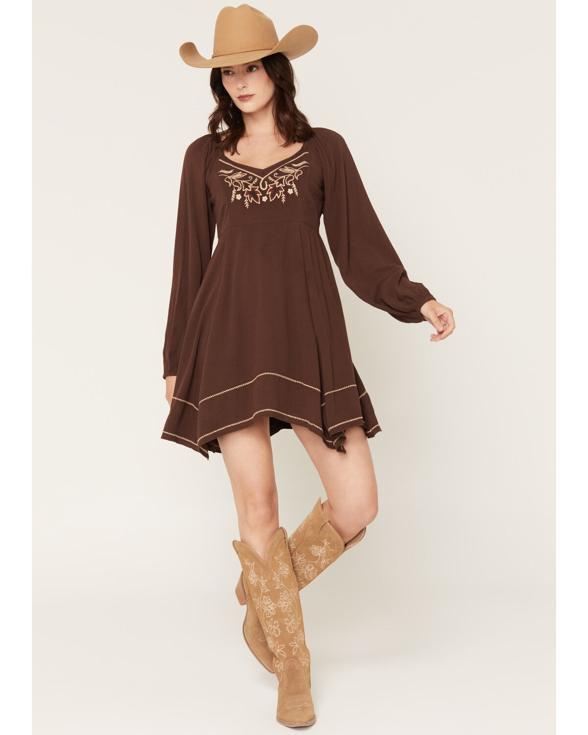Image #1 - Shyanne Women's Piper Hanky Hem Embroidered Long Sleeve Mini Dress, Dark Brown, hi-res