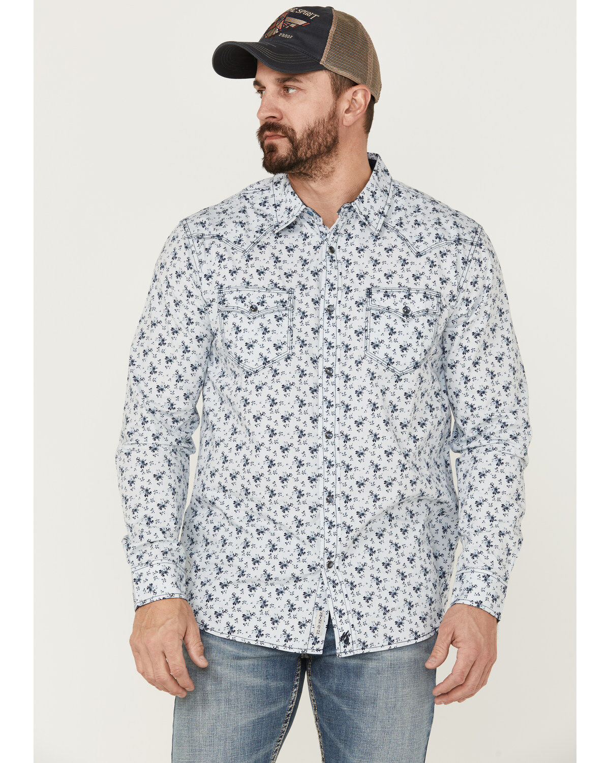 Image #1 - Moonshine Spirit&reg; Men's Bloom Floral Print Long Sleeve Snap Western Shirt, Light Blue, hi-res