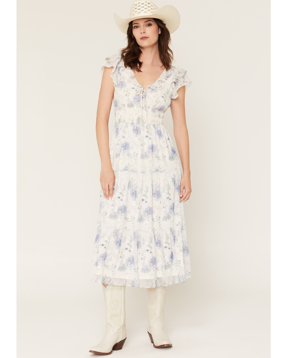 Image #1 - Ash & Violet Women's Floral Print Short Sleeve Midi Dress, White, hi-res