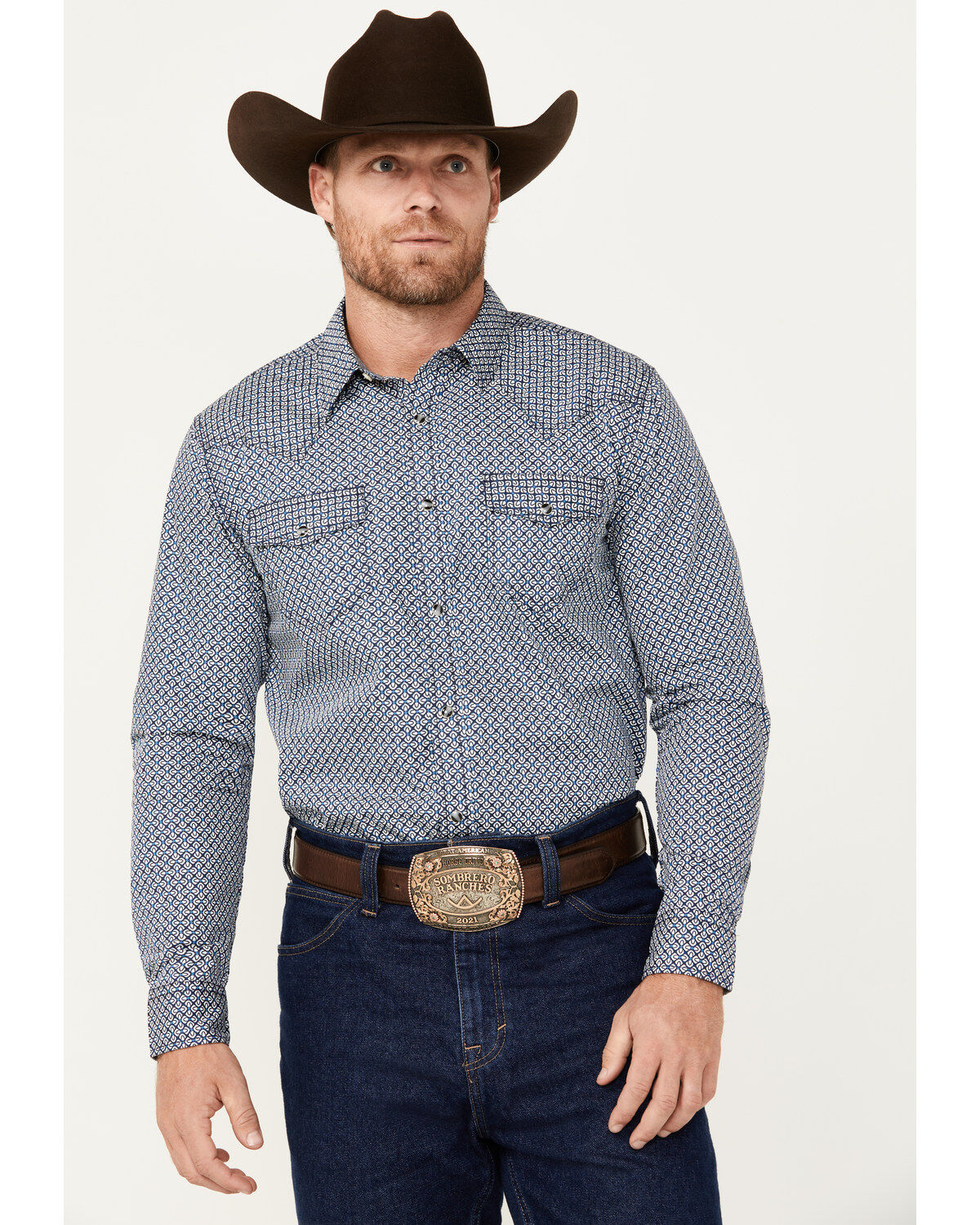 Image #1 - Cody James Men's Reride Geo Print Long Sleeve Snap Western Shirt, Navy, hi-res