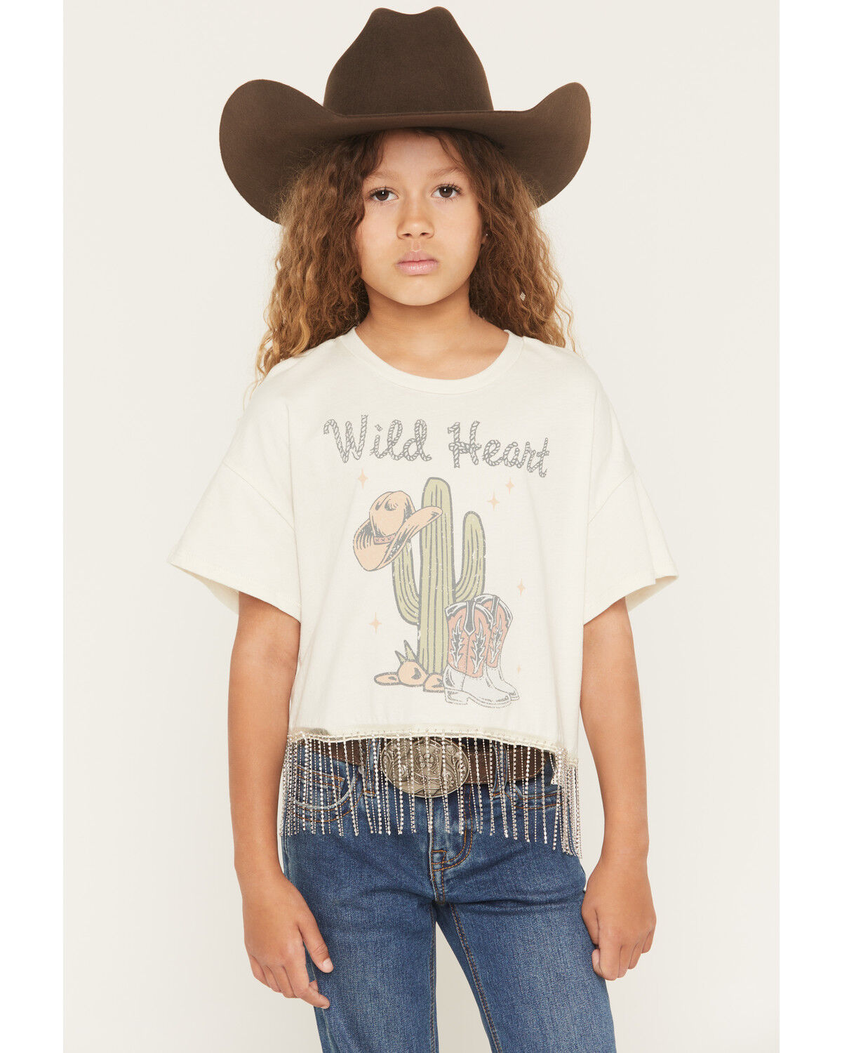 Originality Girls' Wild Heart Chain Fringe Short Sleeve Graphic Tee, Off White, hi-res