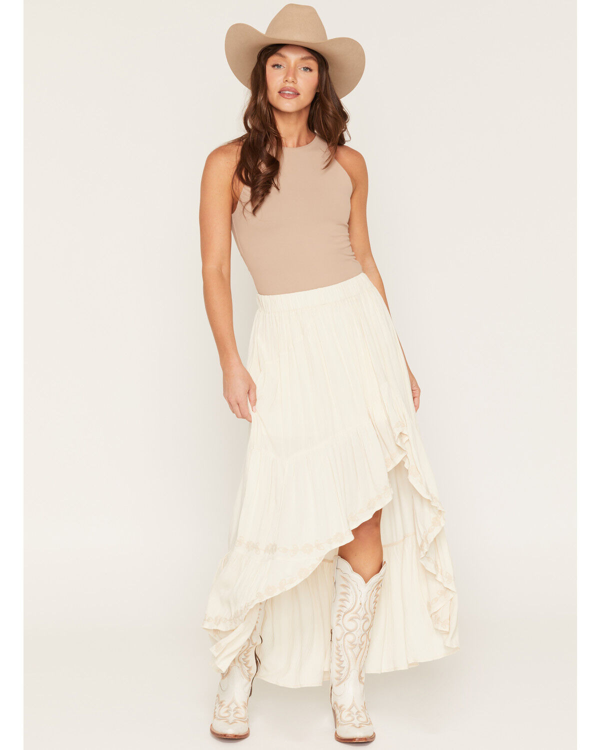 Image #1 - Shyanne Women's Hattie Embroidered High-Low Hem Midi Skirt, Beige, hi-res