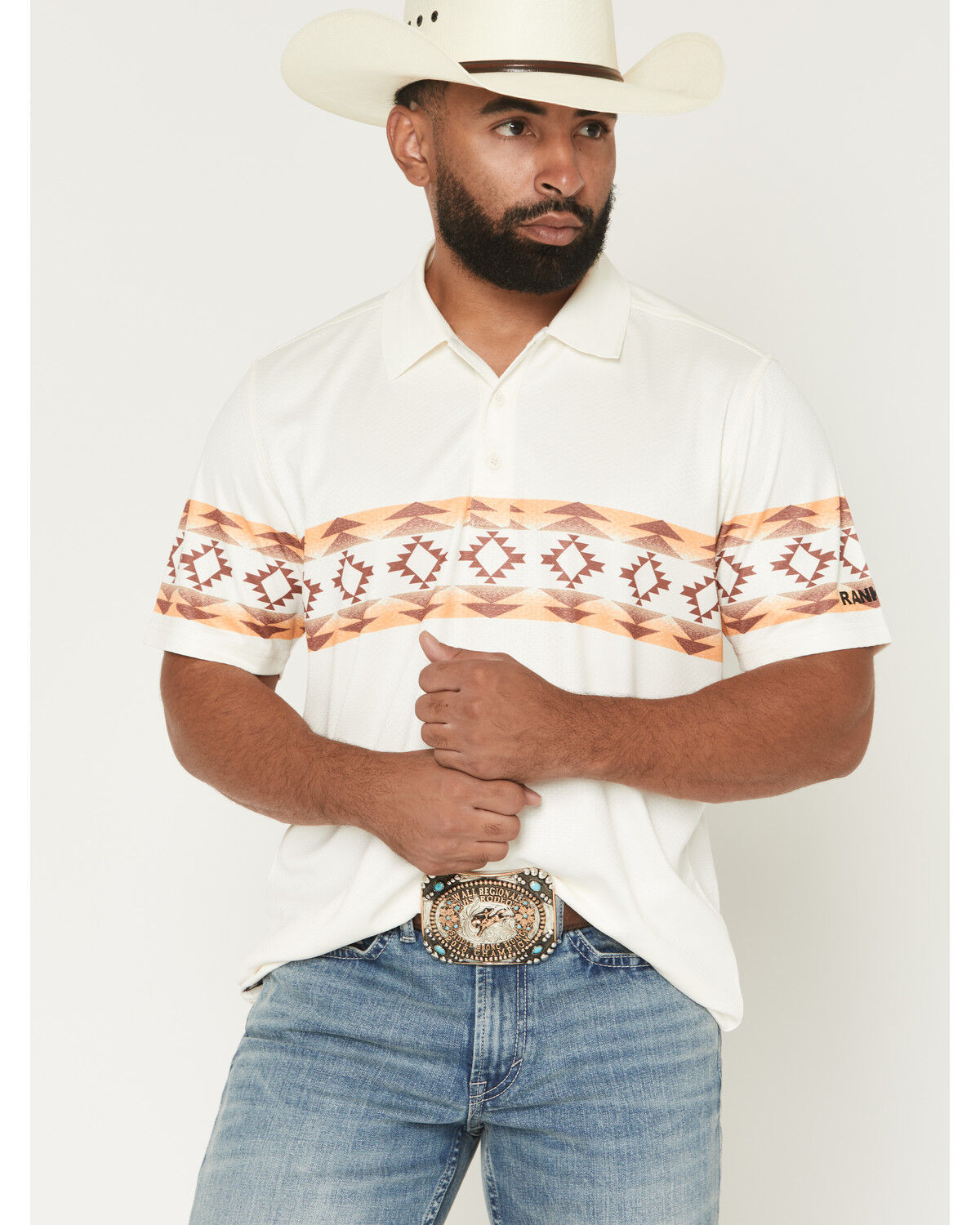 RANK 45&reg; Men's Josey Southwestern Border Short Sleeve Button-Down Polo Shirt, Cream, hi-res