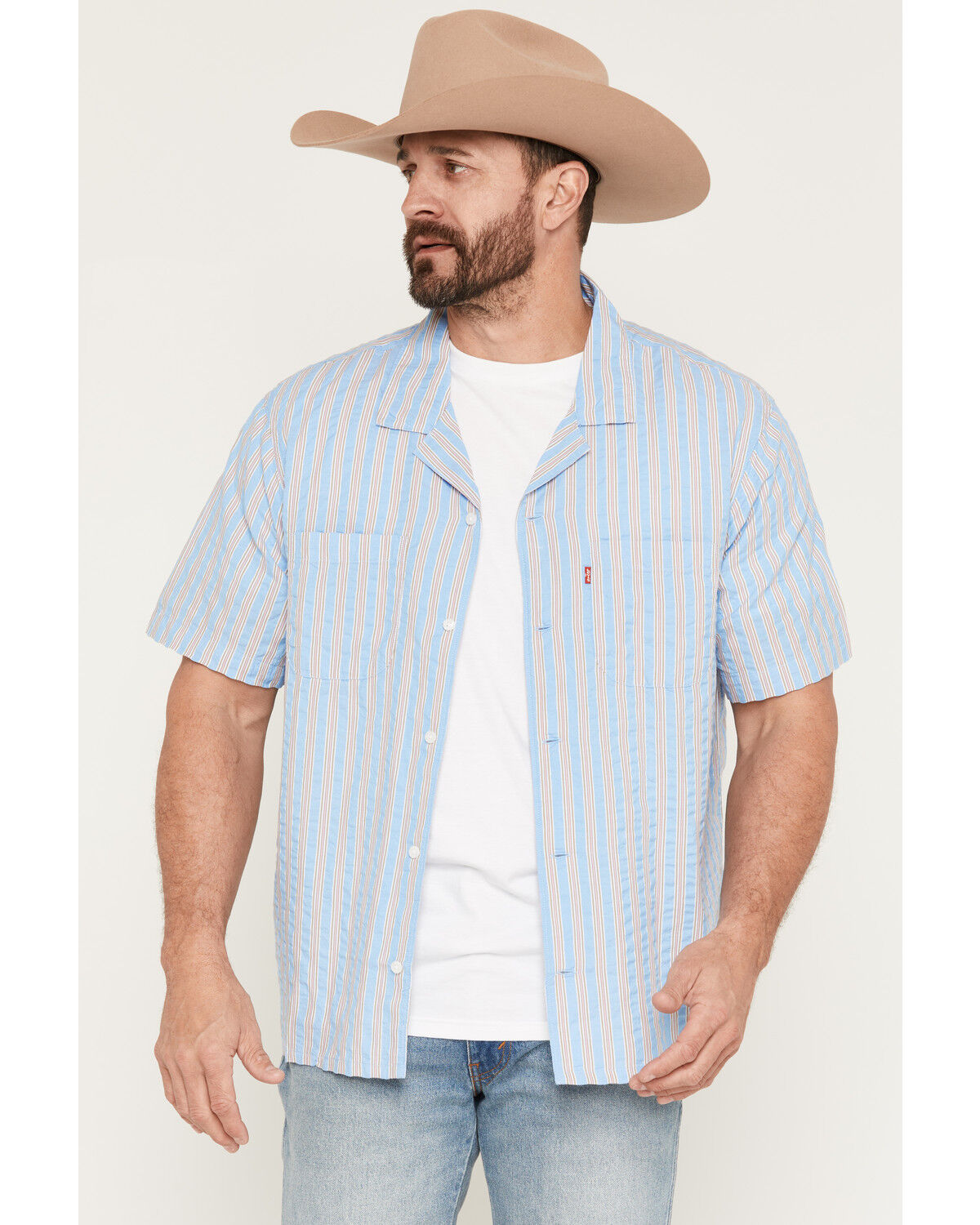 Levi's Men's Jay Classic Camper Striped Short Sleeve Button-Down Western Shirt, Blue, hi-res