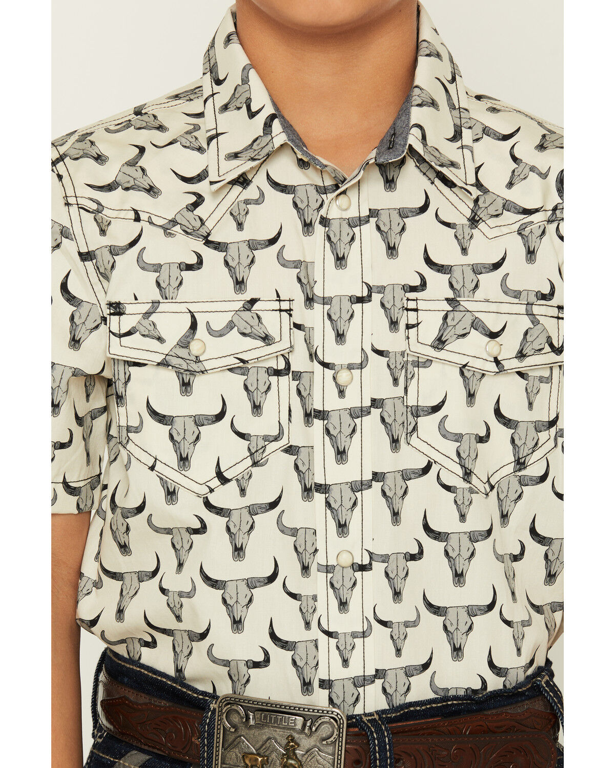 Image #3 - Cody James Boys' Toro Steerhead Print Short Sleeve Snap Western Shirt, Tan, hi-res