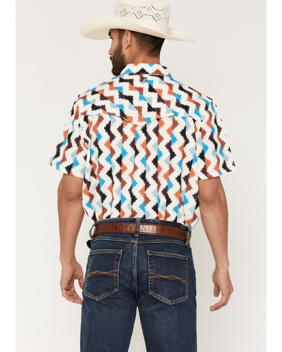 Image #4 - RANK 45&reg; Men's Zig Zag Southwestern Stripe Print Rodeo Tech 2.0 Short Sleeve Snap Stretch Western Shirt, Blue, hi-res
