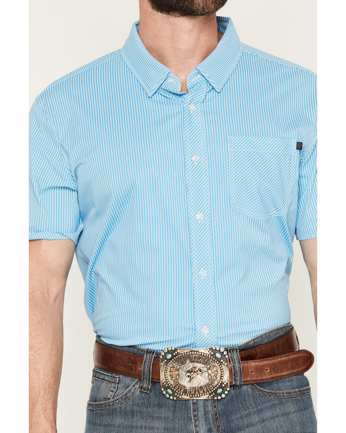 Image #3 - Rock & Roll Denim Men's Tek Core tripe Print Short Sleeve Button-Down Stretch Western Shirt, Blue, hi-res