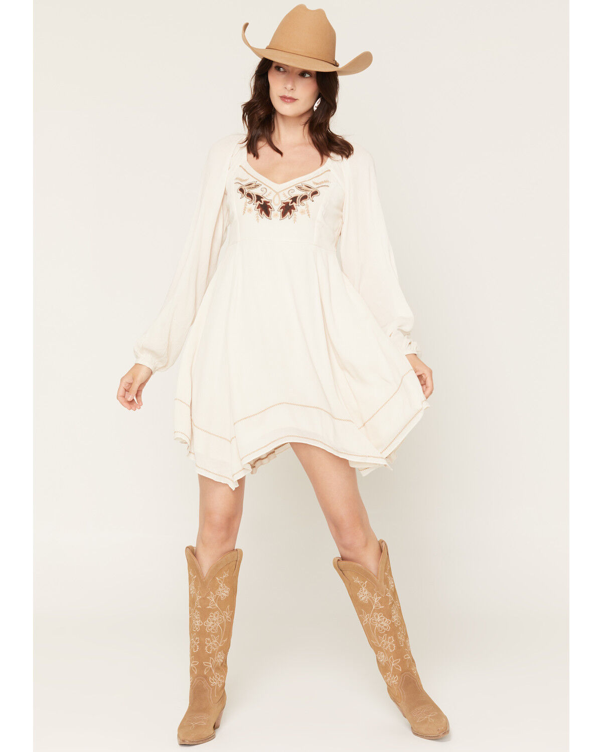 Image #1 - Shyanne Women's Piper Embroidered Hanky Hem Mini Dress, Natural, hi-res