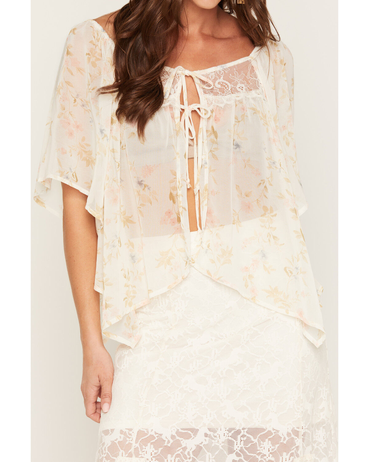 Image #3 - Wild Moss Women's Floral Print Tie-Front Blouse, Ivory, hi-res