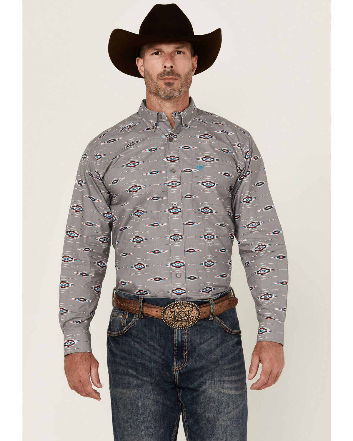 Image #1 - Ariat Men's Jarrod Southwestern Print Long Sleeve Button-Down Western Shirt, Grey, hi-res