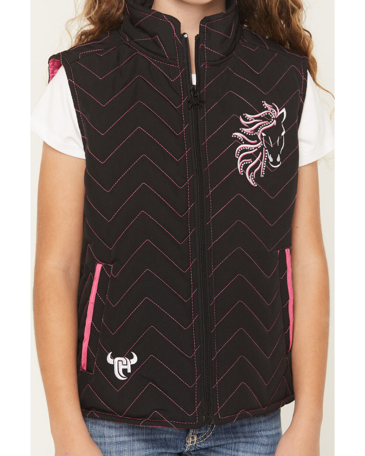 Image #4 - Cowgirl Hardware Girls' Blaze Horse Quilted Vest, Black, hi-res