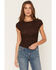 Image #1 - Trixxi Women's Lace Short Sleeve Tee, Brown, hi-res