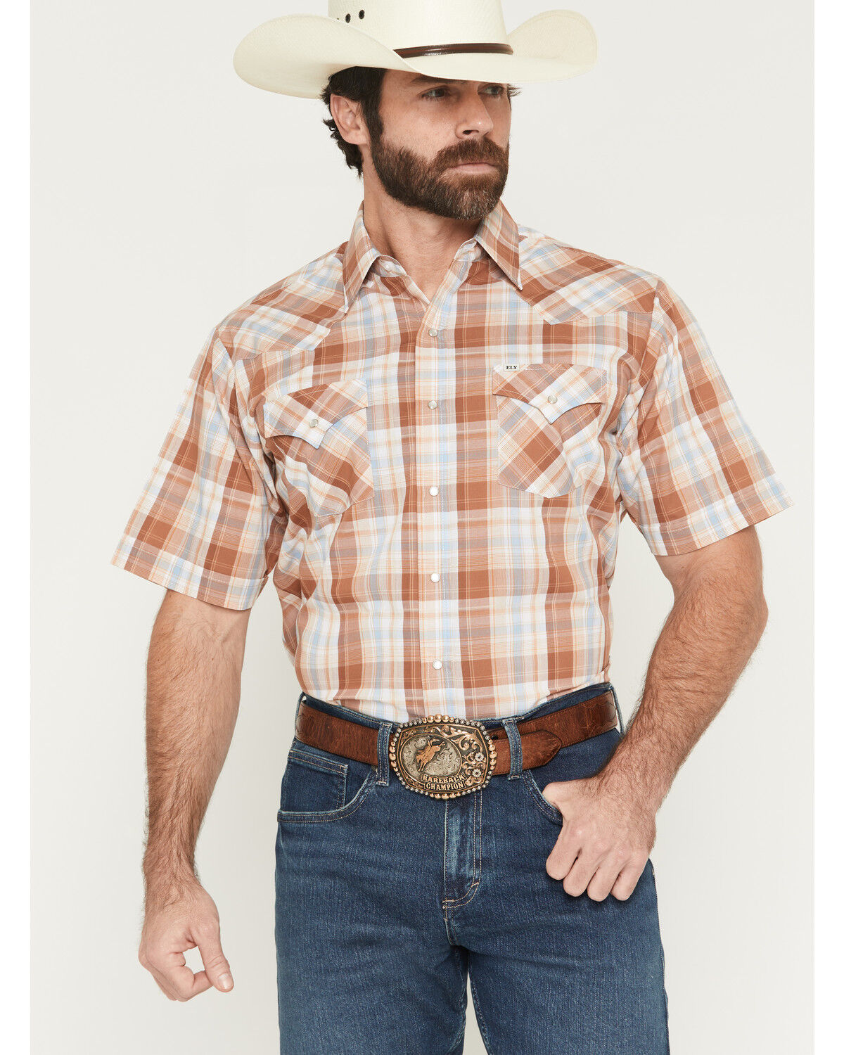 Image #1 - Ely Walker Men's Plaid Print Short Sleeve Pearl Snap Western Shirt, Gold, hi-res